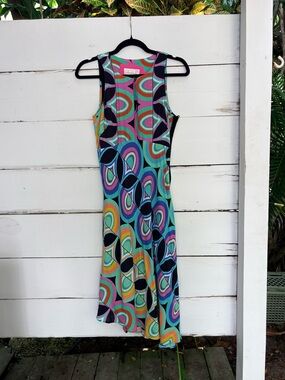 Anthropologie Colorful Geometric Sleeveless Dress Vibrant high low hem